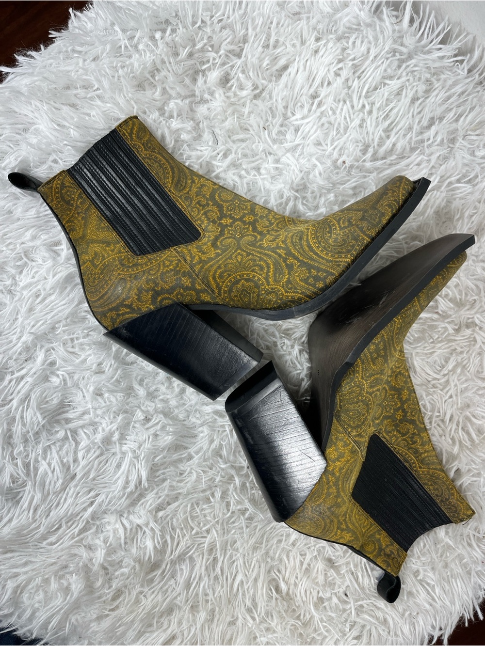 John Fluevog Yellow Paisley Diana Chelsea Booties with Black Trim - Picture 6 of 11